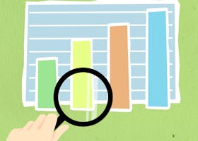 Colorful bar chart illustration with hand and magnifying glass on green background.